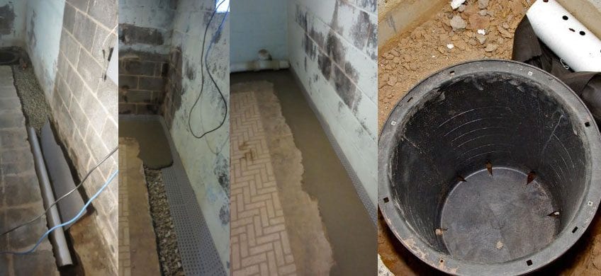 Basement waterproofing installation showing interior French drain trenching, drainage system placement, concrete restoration, and a sump pump pit before installation.