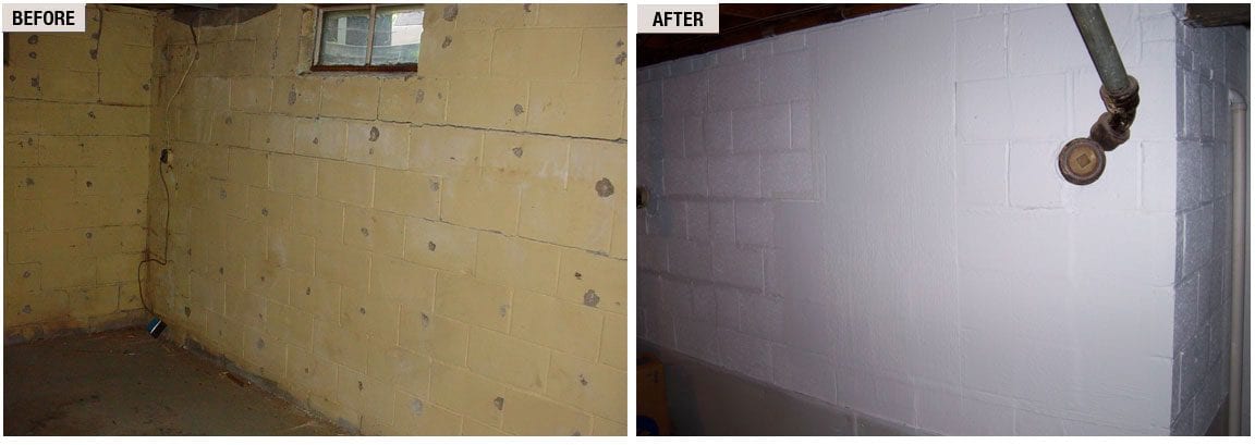 Before and after foundation repair showing cracked basement block walls restored with structural reinforcement and a clean, sealed finish.